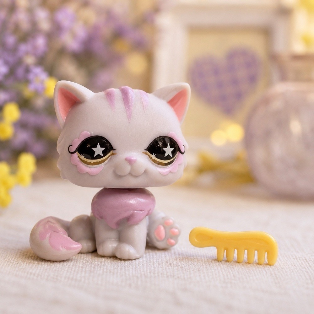 2007 Littlest Pet Shop LPS #891 Persian Cat Star Eyes w/ Original Yellow Comb